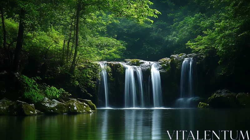 Gentle forest waterfall spilling into a calm green pool.