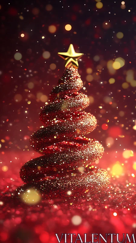 Spiraled red Christmas tree glows with glittering bokeh light.