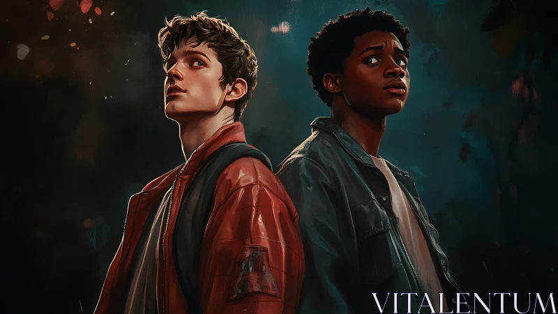 Cinematic digital portrait of two teens in moody night forest