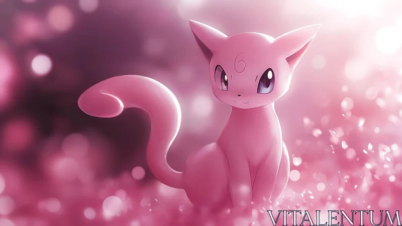 Pink catlike creature sits in glowing bokeh field