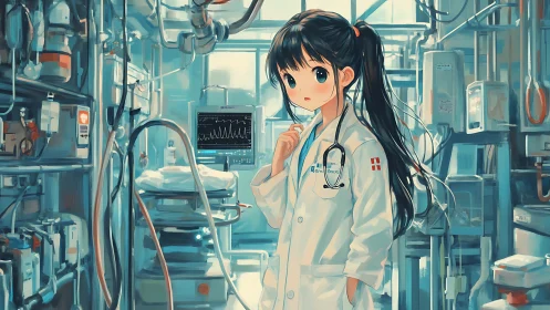 Analytical anime clinician in densely instrumented ICU lab.