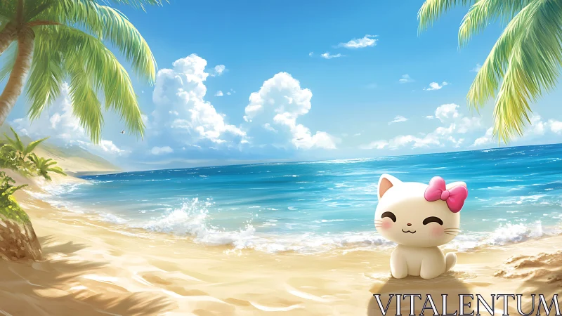 Kawaii white cat figurine sits on sunlit tropical shoreline