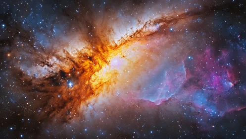 Colorful deep space nebula with bright orange gas core.