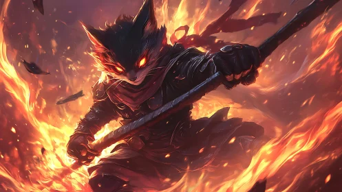 Armored feline warrior with staff amid surrounding flames.