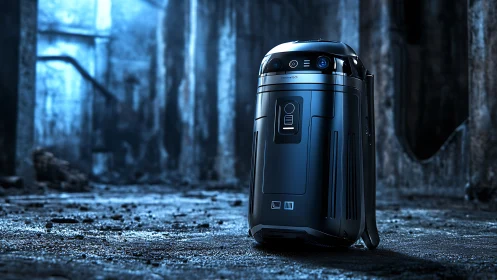 Autonomous surveillance droid stands in cold industrial ruins