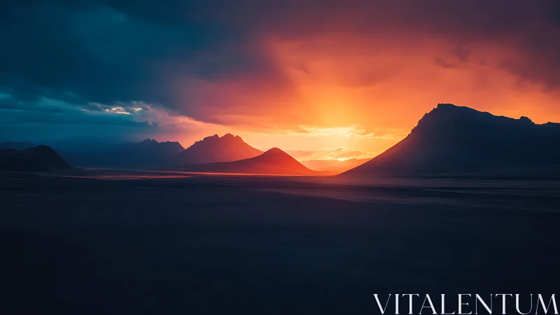 Low-key volcanic valley at sunset with extreme dynamic contrast
