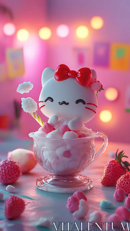 Digital pastel dessert kitty in glass cup, bokeh-lit composition.