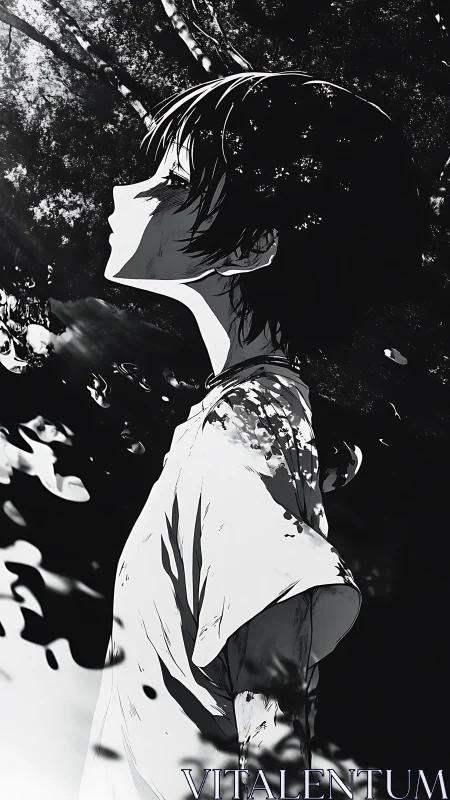 Solitary anime youth in dappled forest light silhouette.