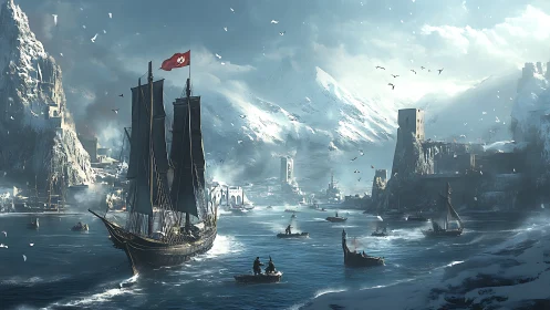 Black warship enters icy fortress harbor under pale sun.