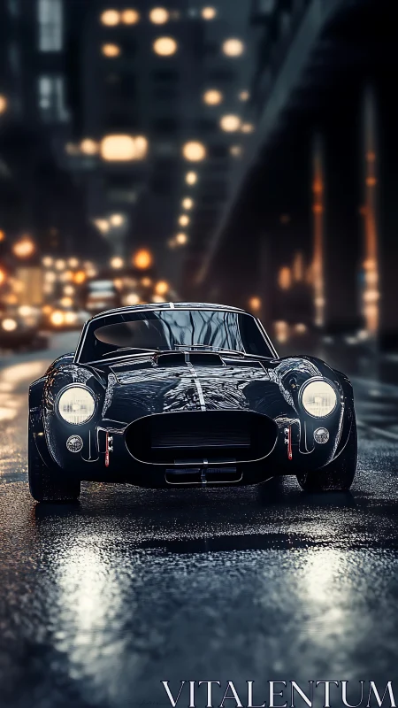 Classic black sports car on wet city street at night.