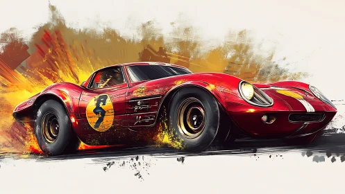 Red classic race car accelerates through abstract paint burst