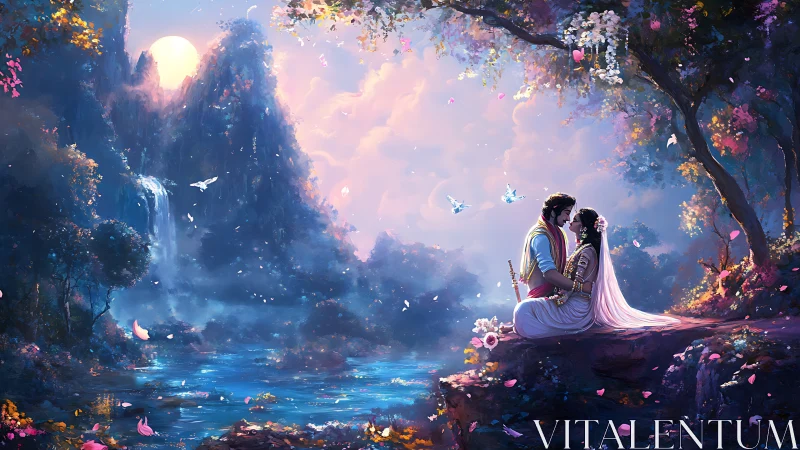 Couple in Fantasy Landscape with Glowing Moon and Waterfalls