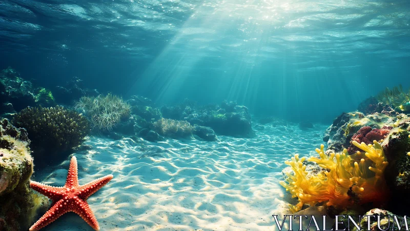Sunlit starfish drifts in a dream-bright coral seafloor realm.