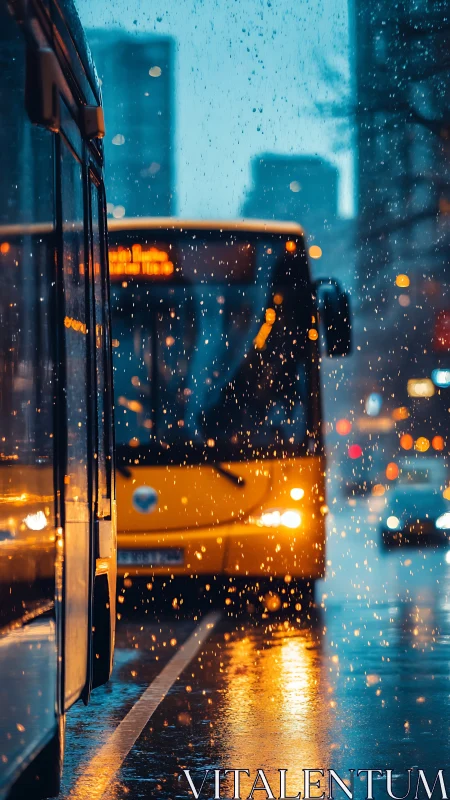 Rain-soaked city buses with golden reflections at dusk.