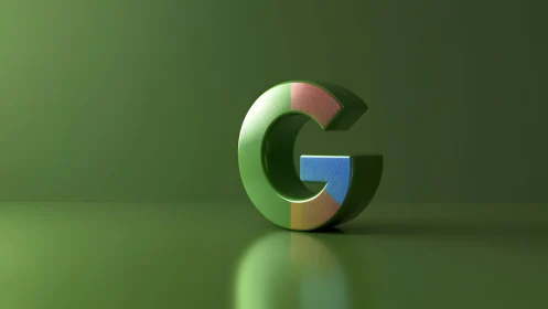 3D Google Letter G Logo with Colorful Segments on Green Background.