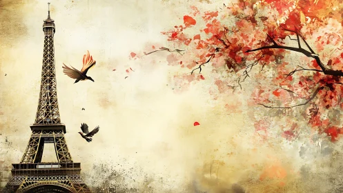 Parisian daydream with soaring birds and crimson leaves.