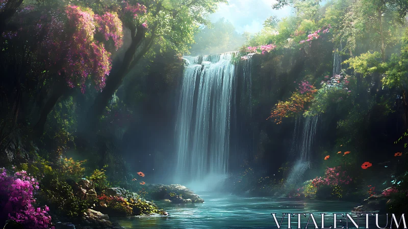 Enchanted waterfall cascades through lush, blooming forest.