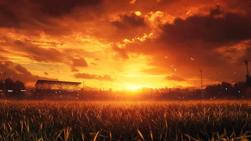Glowing sunset pours golden light over a quiet city field