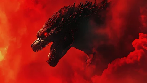 Volumetric-lit kaiju head silhouette emerging through dense red fog