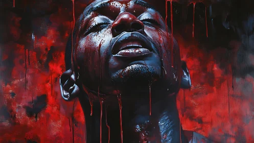 Blood-drenched portrait captures anguish in vivid crimson tones.