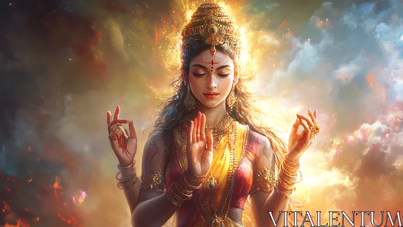 Radiant goddesslike figure meditates in glowing celestial fire.