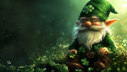 Smiling forest gnome resting in a sunlit clover meadow.
