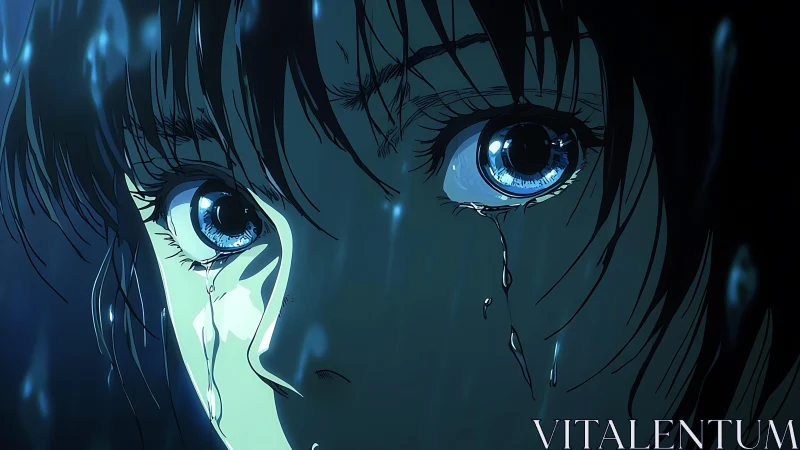 Wet-eyed close-up of distressed girl under blue rain glow.