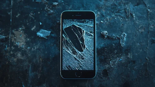 Shattered phone on blue stone turning breakage into pattern.