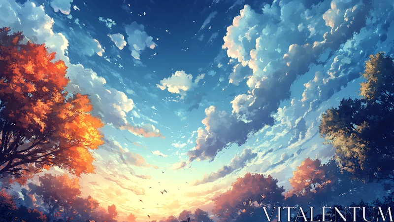 Digital landscape with autumn trees under expansive sky.