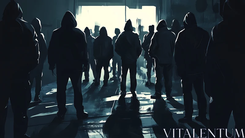 Backlit urban silhouettes in high-contrast corridor composition.