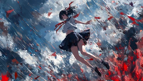 Kinetic anime figure suspended in turbulent atmospheric vortex.