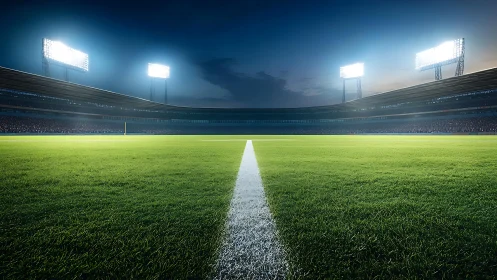 Illuminated outdoor sports stadium field with central line.