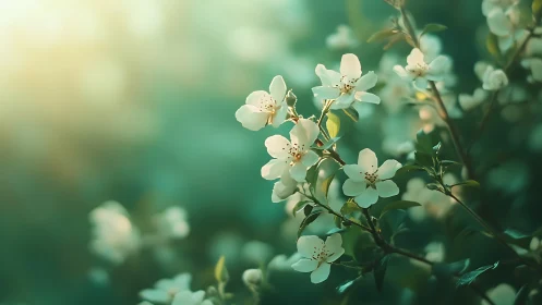 Delicate white blossoms with golden stamens on verdant branches.