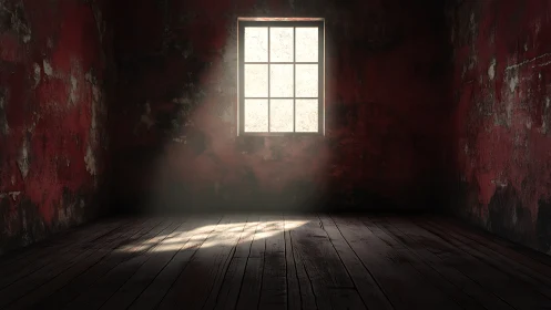 Raking window light cuts across distressed red interior walls