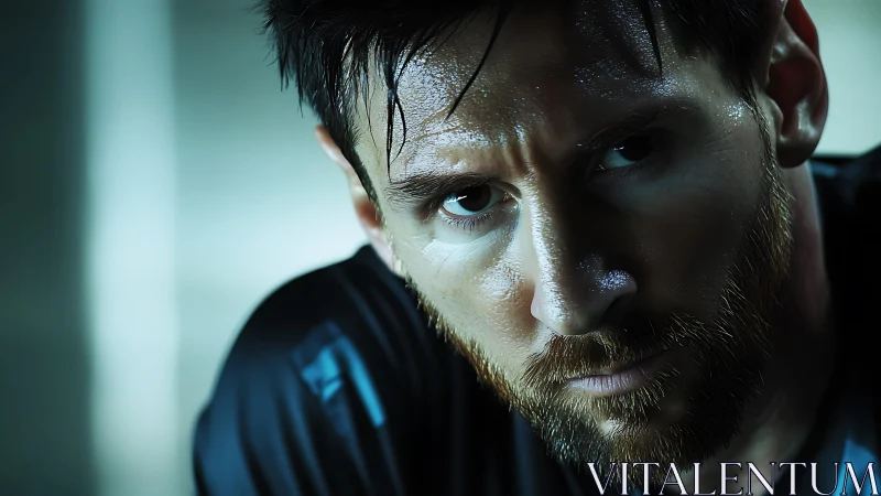 Intense male athlete close-up under cool dramatic lighting