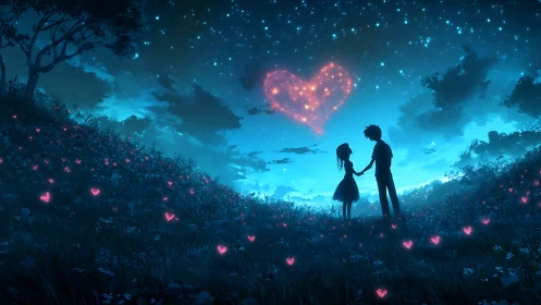 Couple silhouettes in luminous field under glowing heart constellation