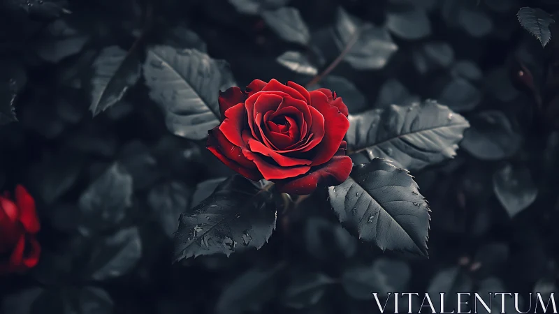 Red Rose Emerges from Darkened Garden Foliage.