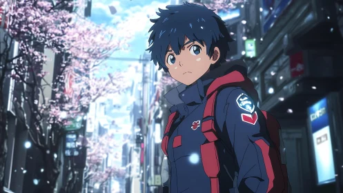 Blue haired teen in tactical jacket under urban cherry blossoms