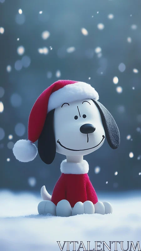 Snowy Christmas pup beams beneath twinkling winter glow.