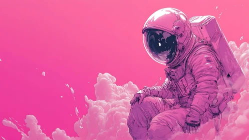 Solitary astronaut drifts through neon pink vapor clouds