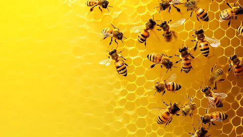 Macro study of worker bees on illuminated honeycomb matrix