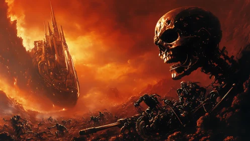 Colossal metal skull dominates burning robotic battlefield