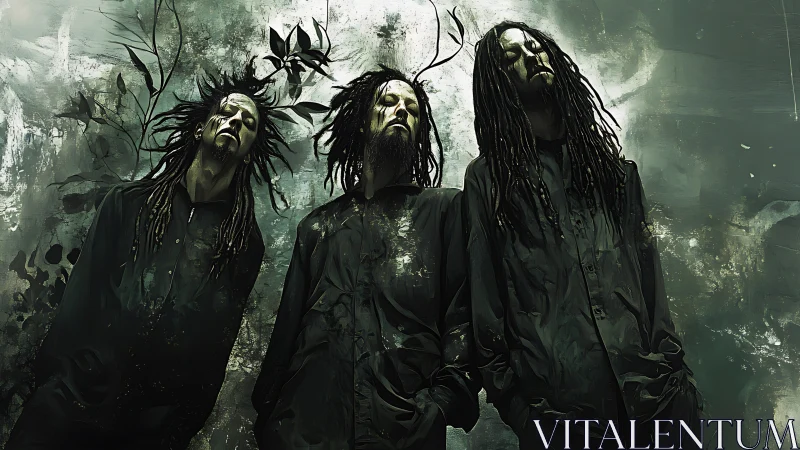 Surreal dreadlocked trio stands against decayed green wall