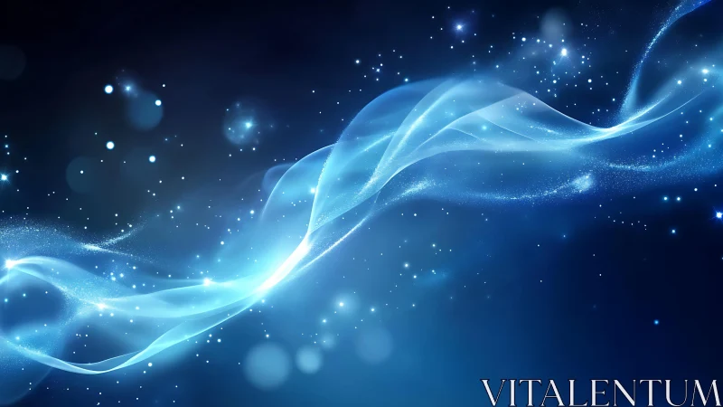 Ethereal blue light wave with glowing stars in abstract digital style.