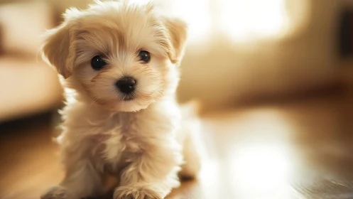 Soft-focus portrait of fluffy cream puppy in warm light.