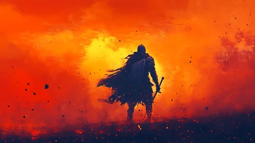 Silhouetted armored warrior stands against high-contrast inferno sky
