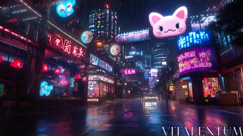 Rain-soaked neon avenue with oversized holographic cat mascot