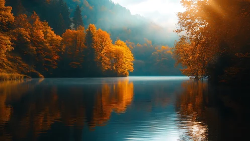 Calm forest lake with vivid autumn foliage reflections.