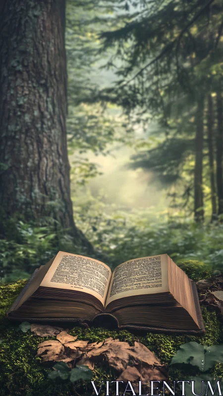 Open Book Resting Among Forest Floor Moss and Foliage