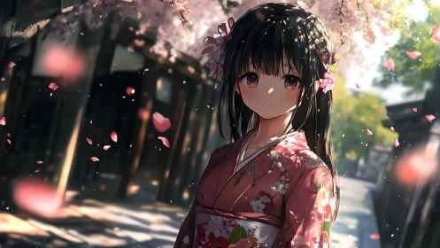 Gentle spring evening with a quiet girl beneath blossoms.